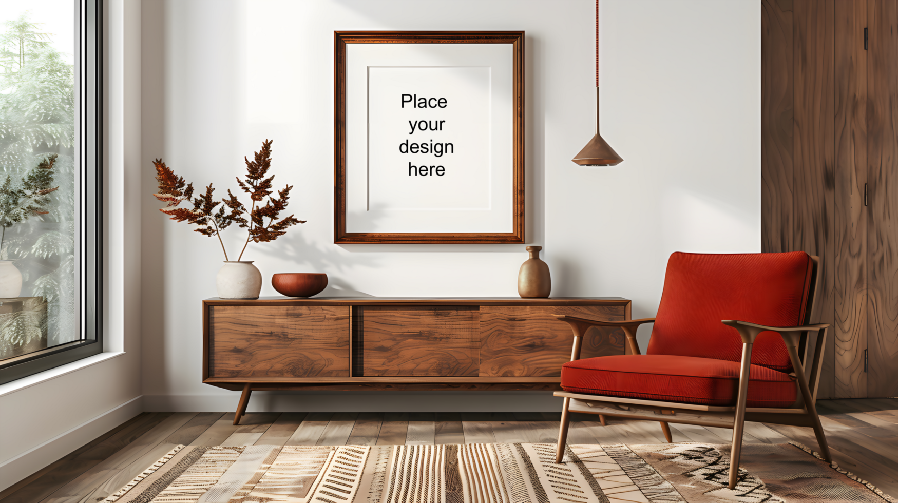 Cozy mid-century living room with red chair and blank frame. Generative by AI psd