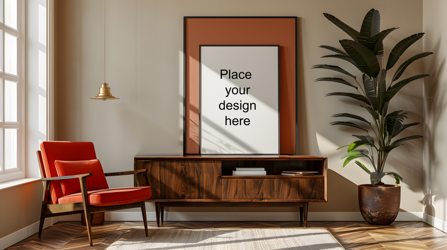 Mid-century modern living room with blank frame, daytime. Generative by AI psd