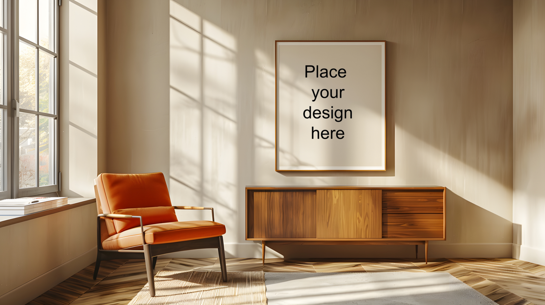 Modern living room with blank frame in minimalist decor. Generative by AI psd
