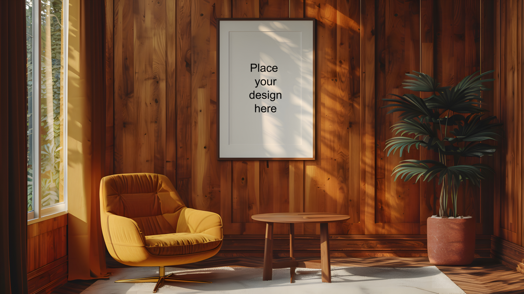 Vintage chair and table set in retro room, blank frame. Generative by AI psd