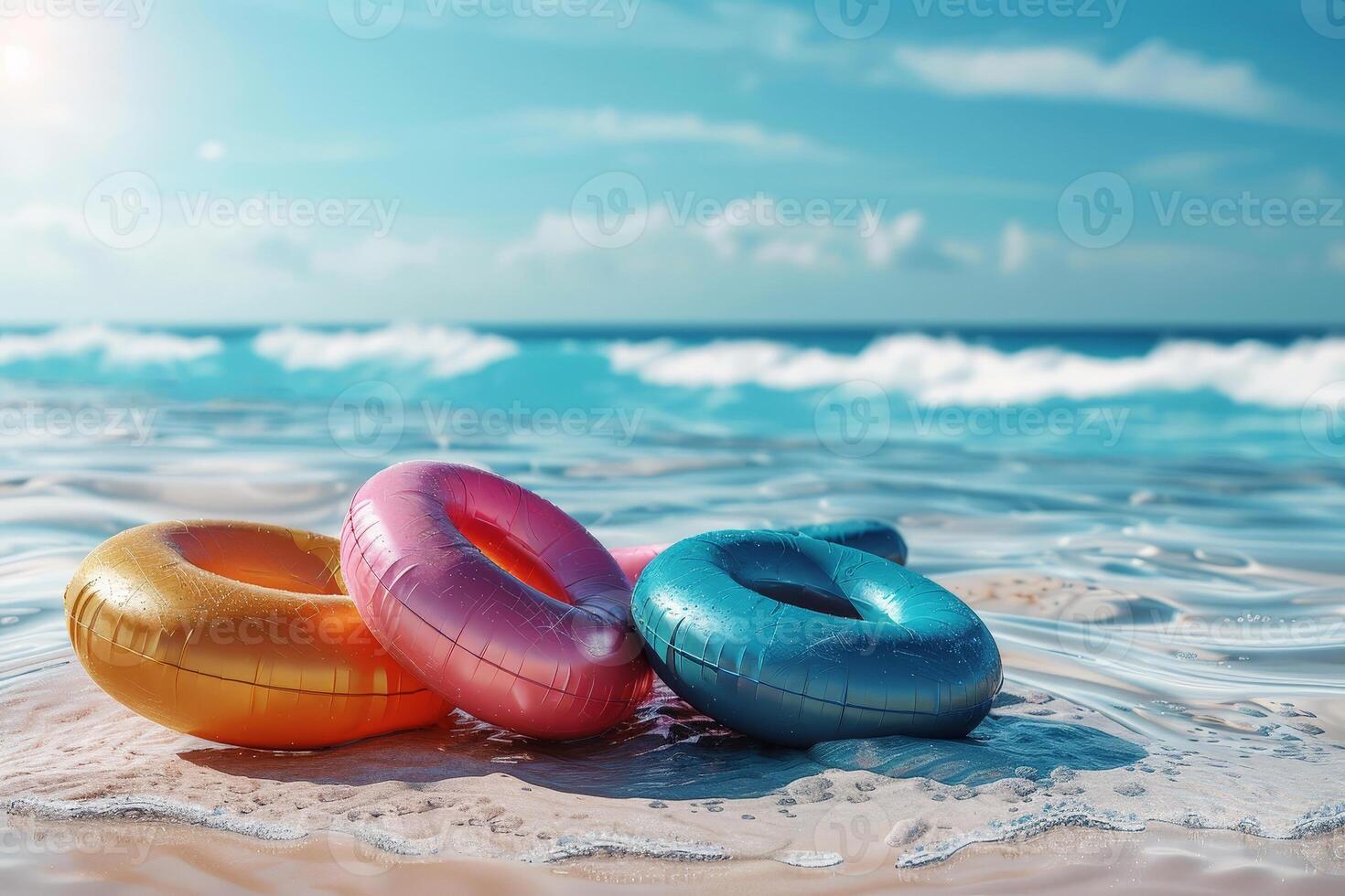 Swimming Pool Ring Float in on beach. summer vacation concept. photo