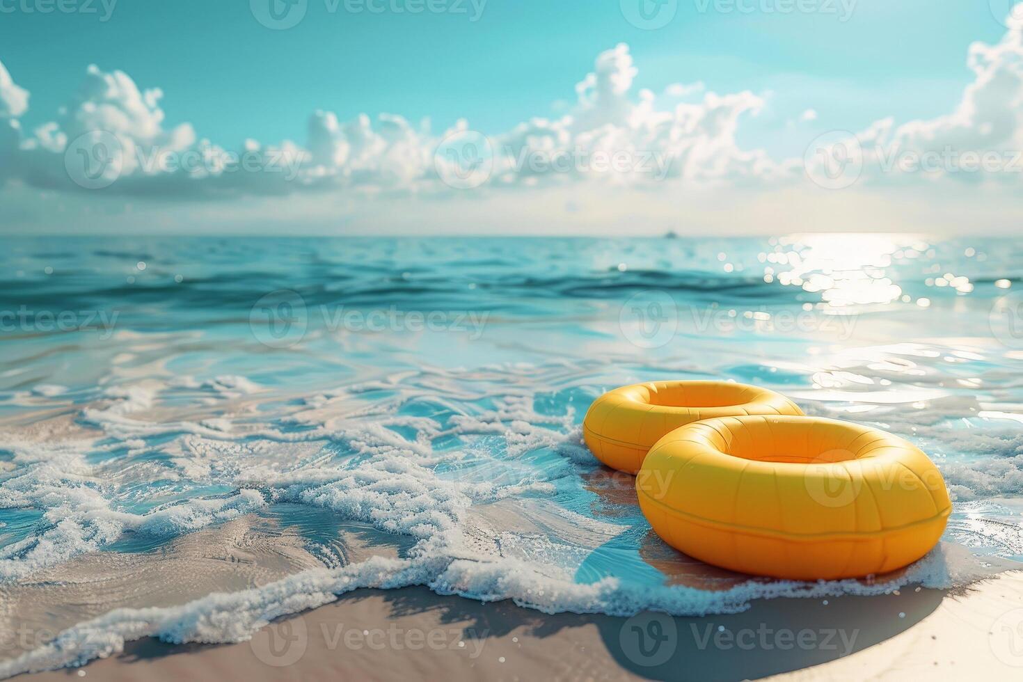 Swimming Pool Ring Float in on beach. summer vacation concept. photo