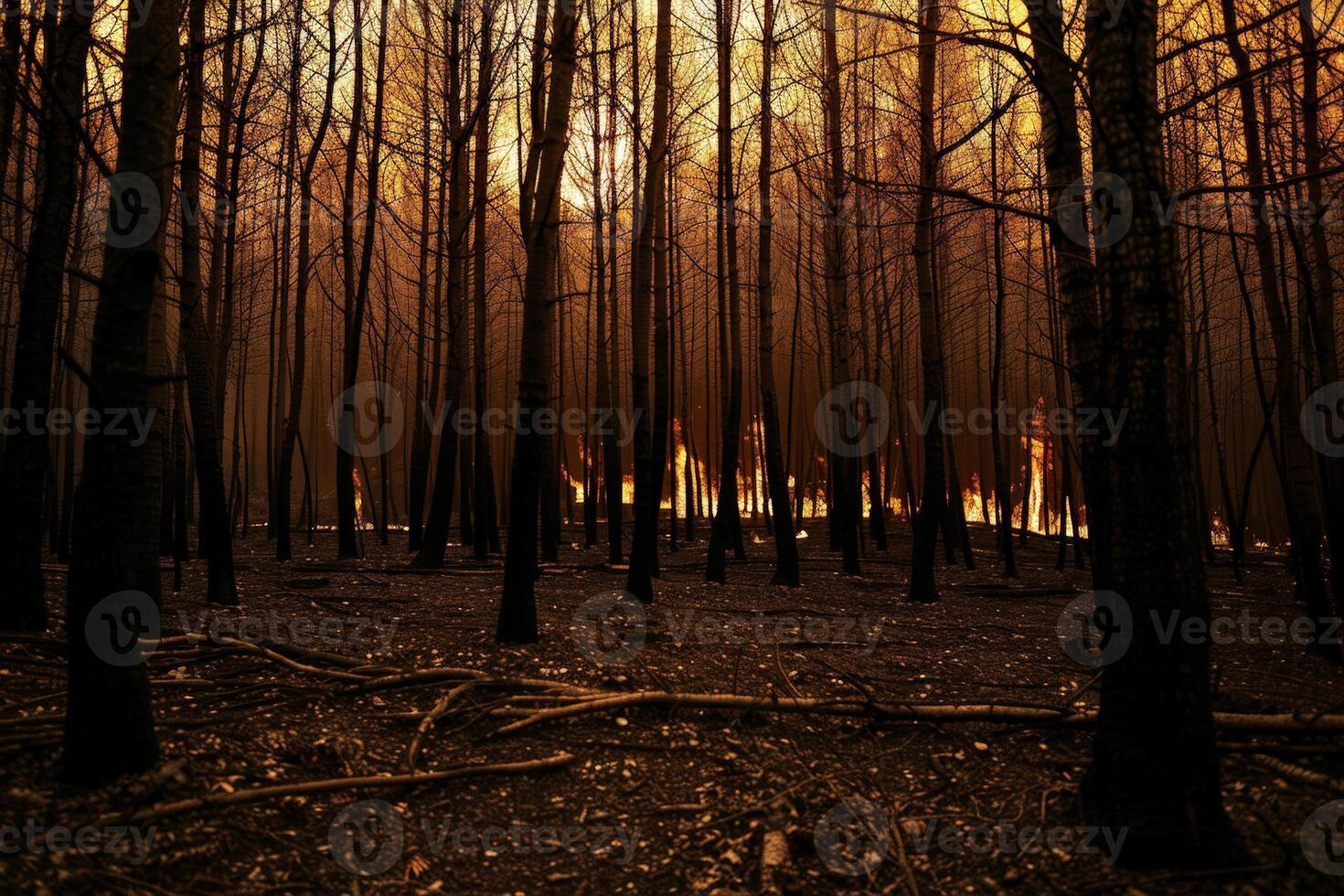view of massive wildfire or forest fire with burning trees and orange smoke. . photo
