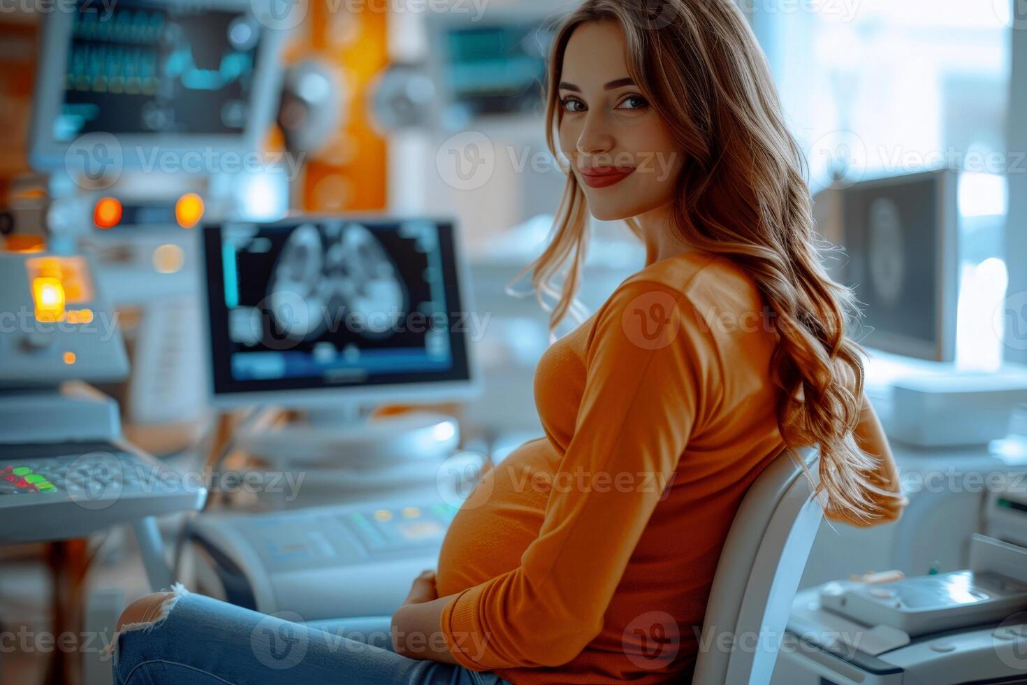 Pregnant women undergo examinations in hospitals with very sophisticated technology. Generate AI photo