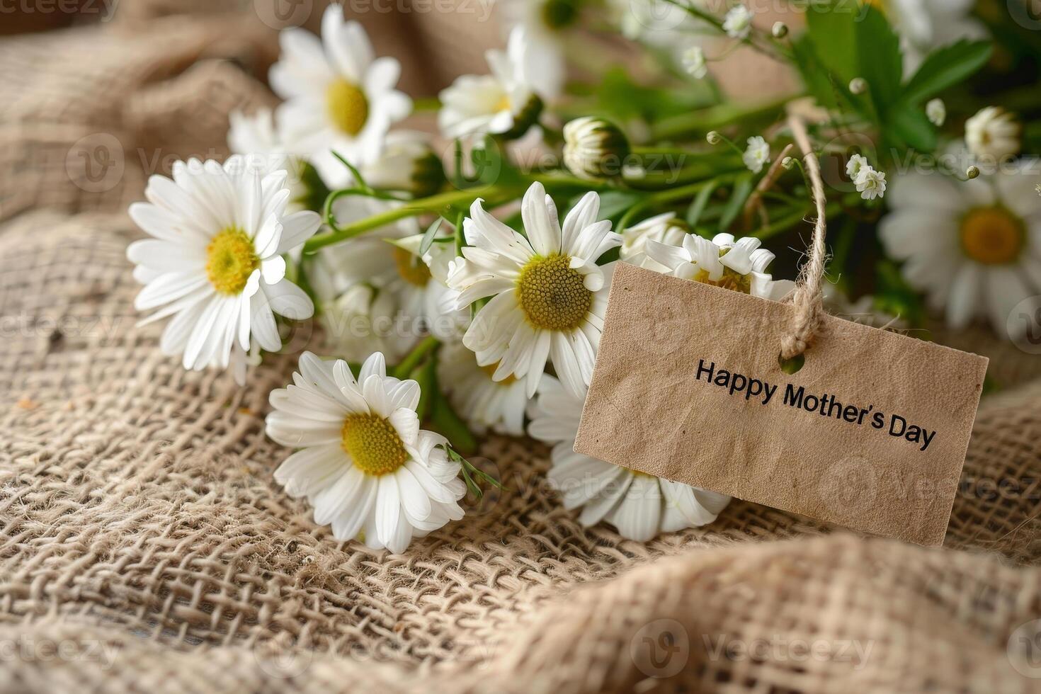 A bouquet of white flowers with a tag that says Happy Mother's Day photo