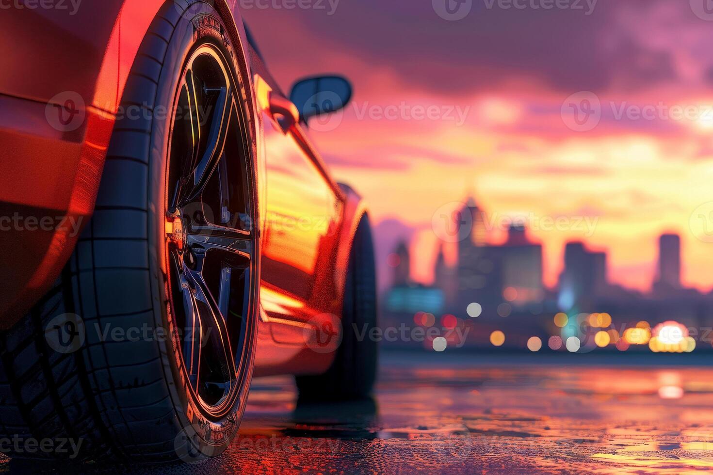 A red car with a black tire is parked on a city street photo