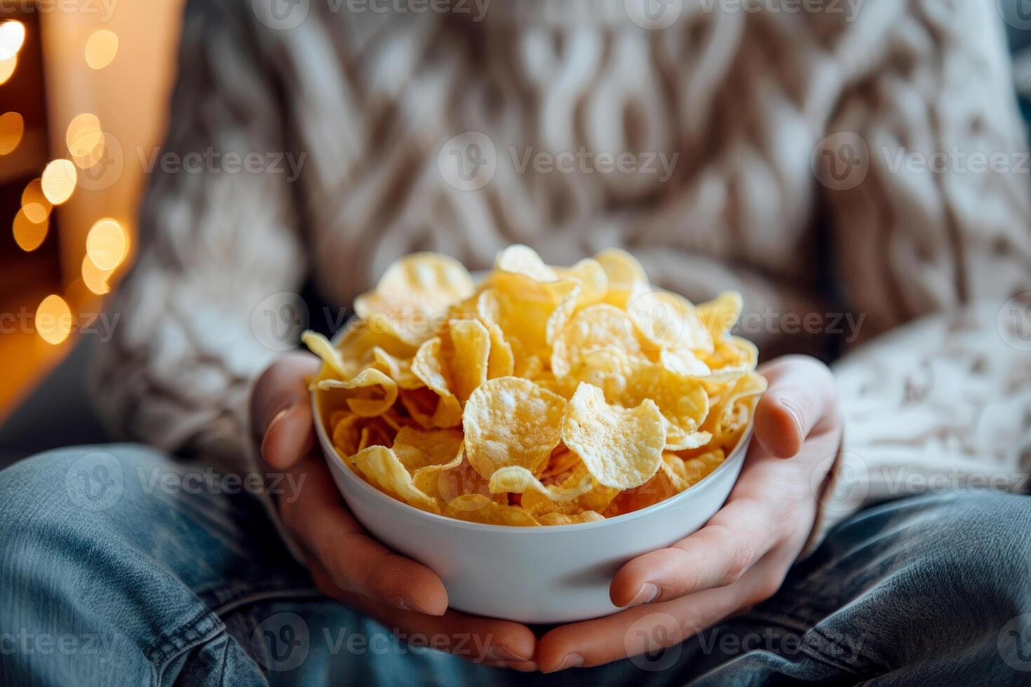 A man is holding a bowl of chips and smiling.ai geneative photo