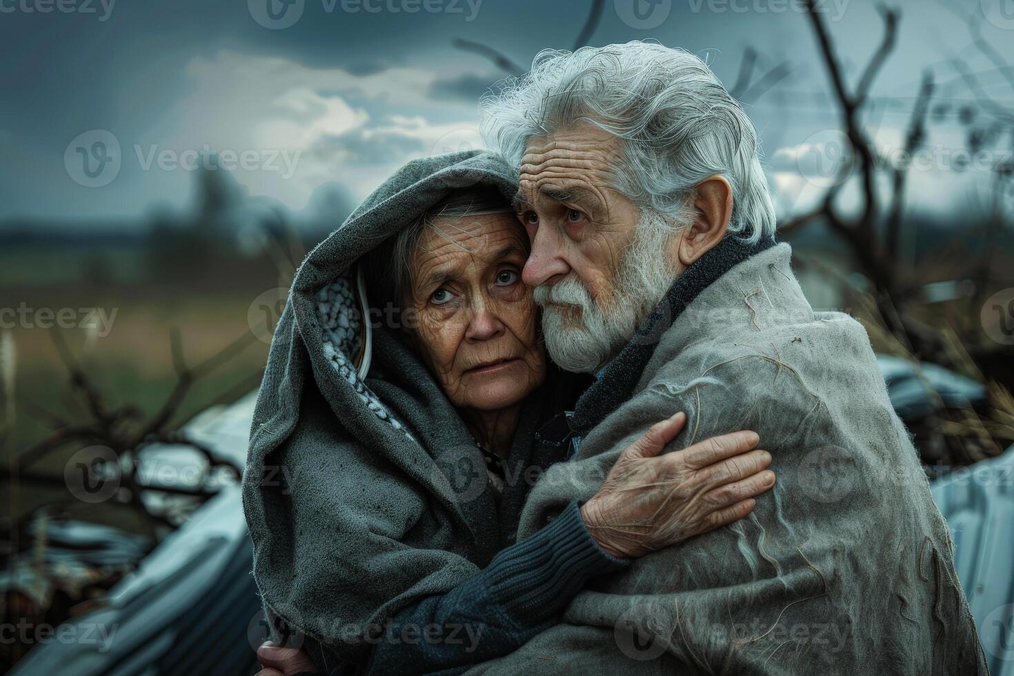 A man and woman are hugging each other under a blanket. after tornado wind.aigenerative photo