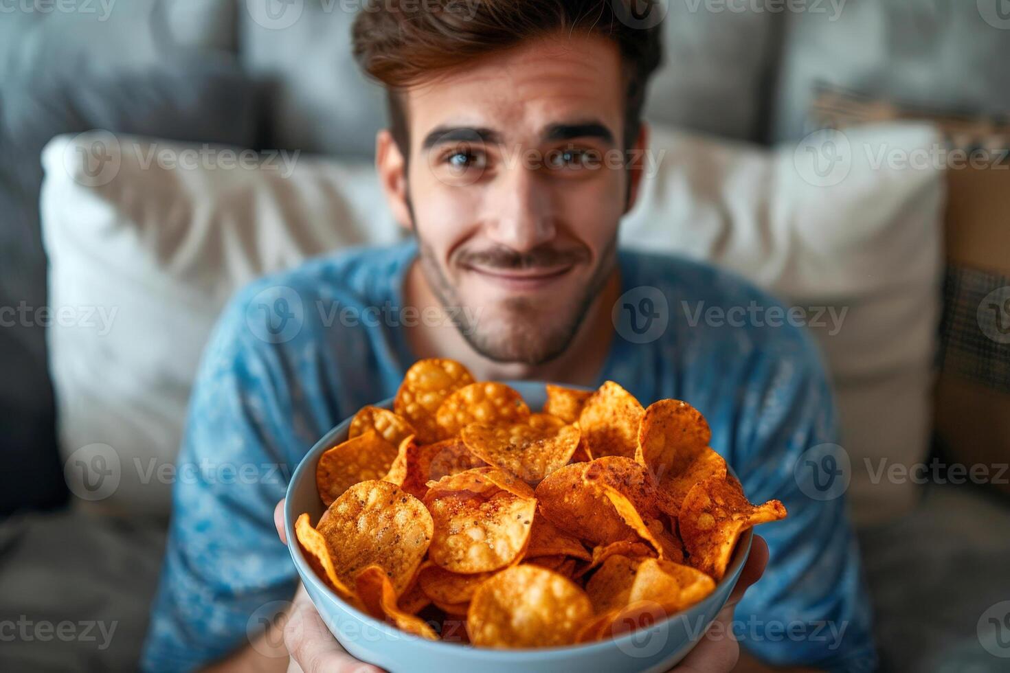 A man is holding a bowl of chips and smiling.ai geneative photo