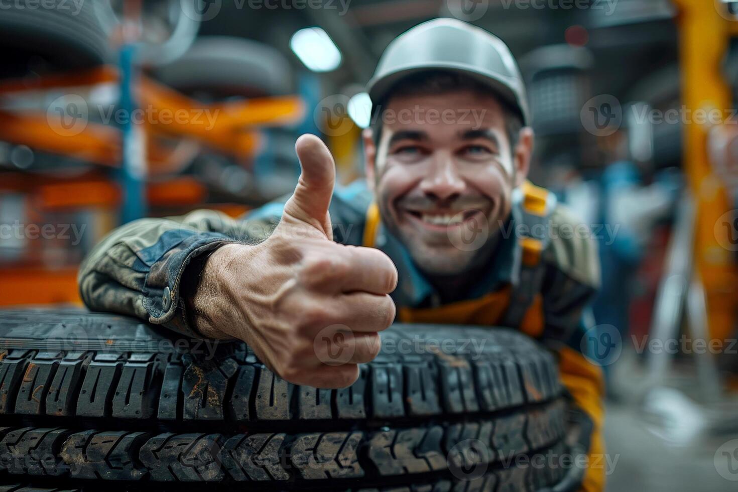 Auto mechanic , a man thumbs up and holding a car tire. created with technology. photo
