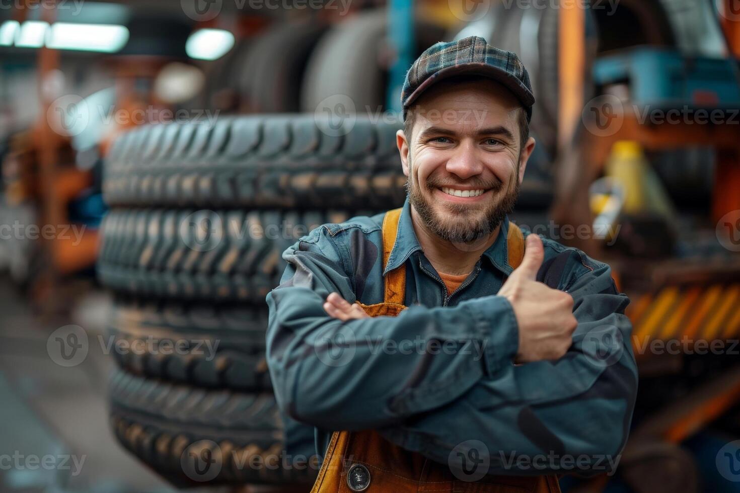 Auto mechanic , a man thumbs up and holding a car tire. created with technology. photo