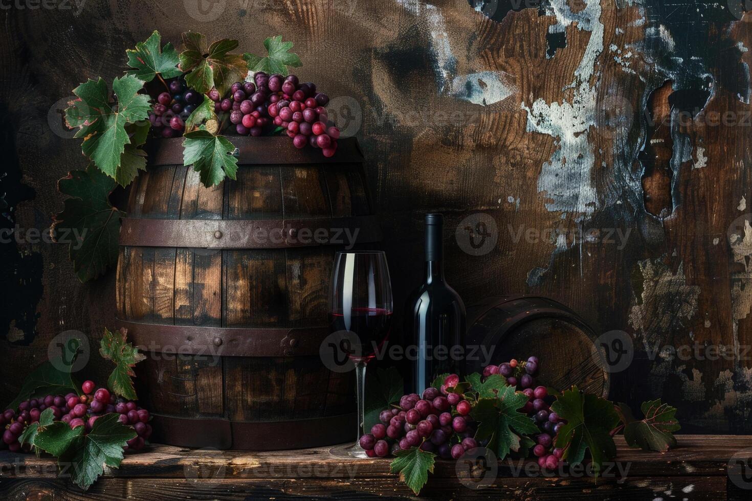 Red Wine Bottle with Vintage Rustic Oak Wooden Background photo