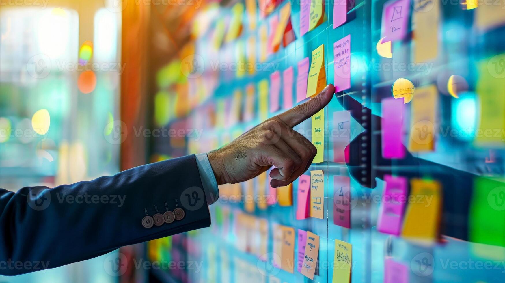 Agile software development scrum methodology boards. workflow, Finger touching virtual interface. photo