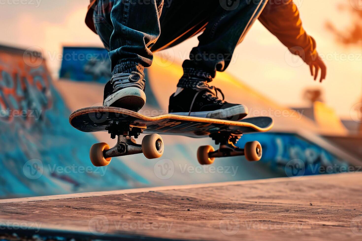 A close-up of a skateboarder's feet executing a trick. photo