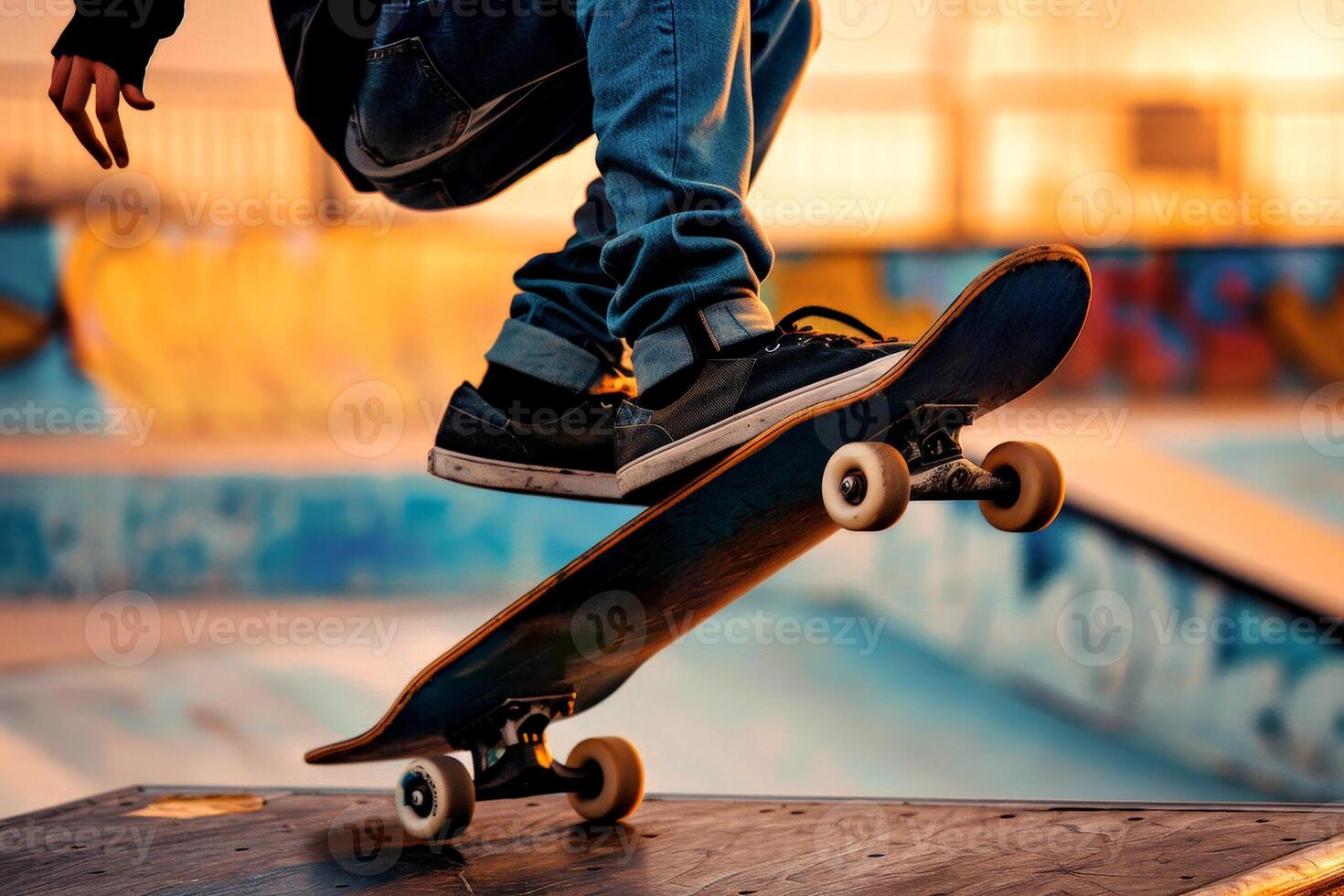 A close-up of a skateboarder's feet executing a trick. photo