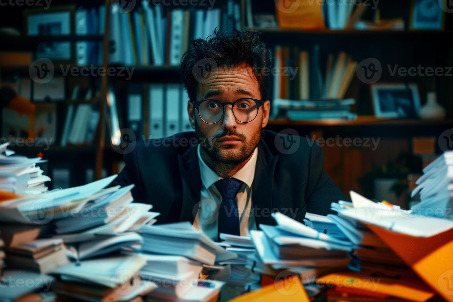 A business man overloaded with work in his office with a stack of documents around him. photo