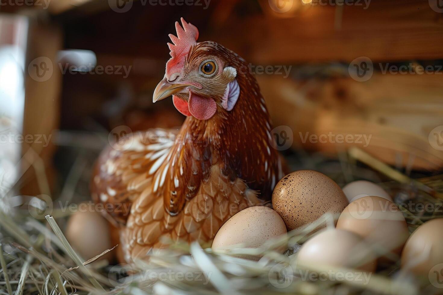 A hen lays eggs in a chicken coop with a blurry backdrop and big space for text or product advertisement background, . photo