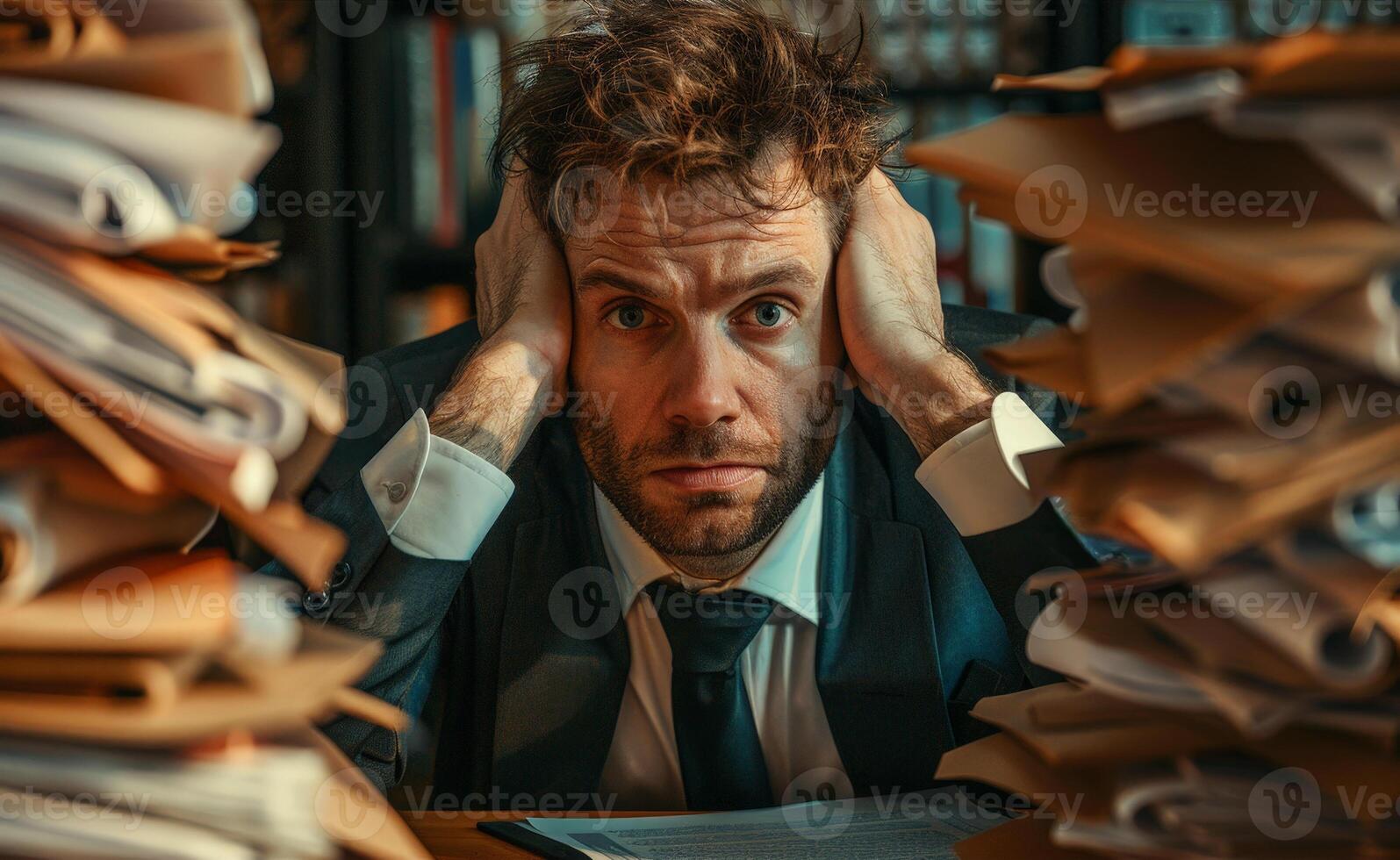 A business man overloaded with work in his office with a stack of documents around him. photo