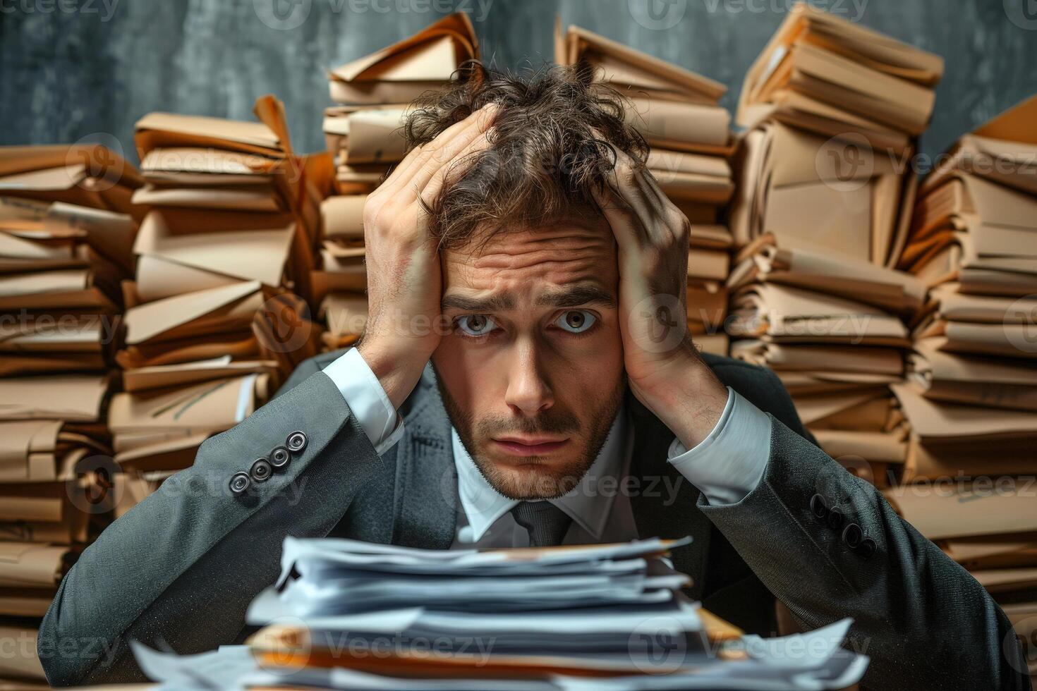 A business man overloaded with work in his office with a stack of documents around him. photo