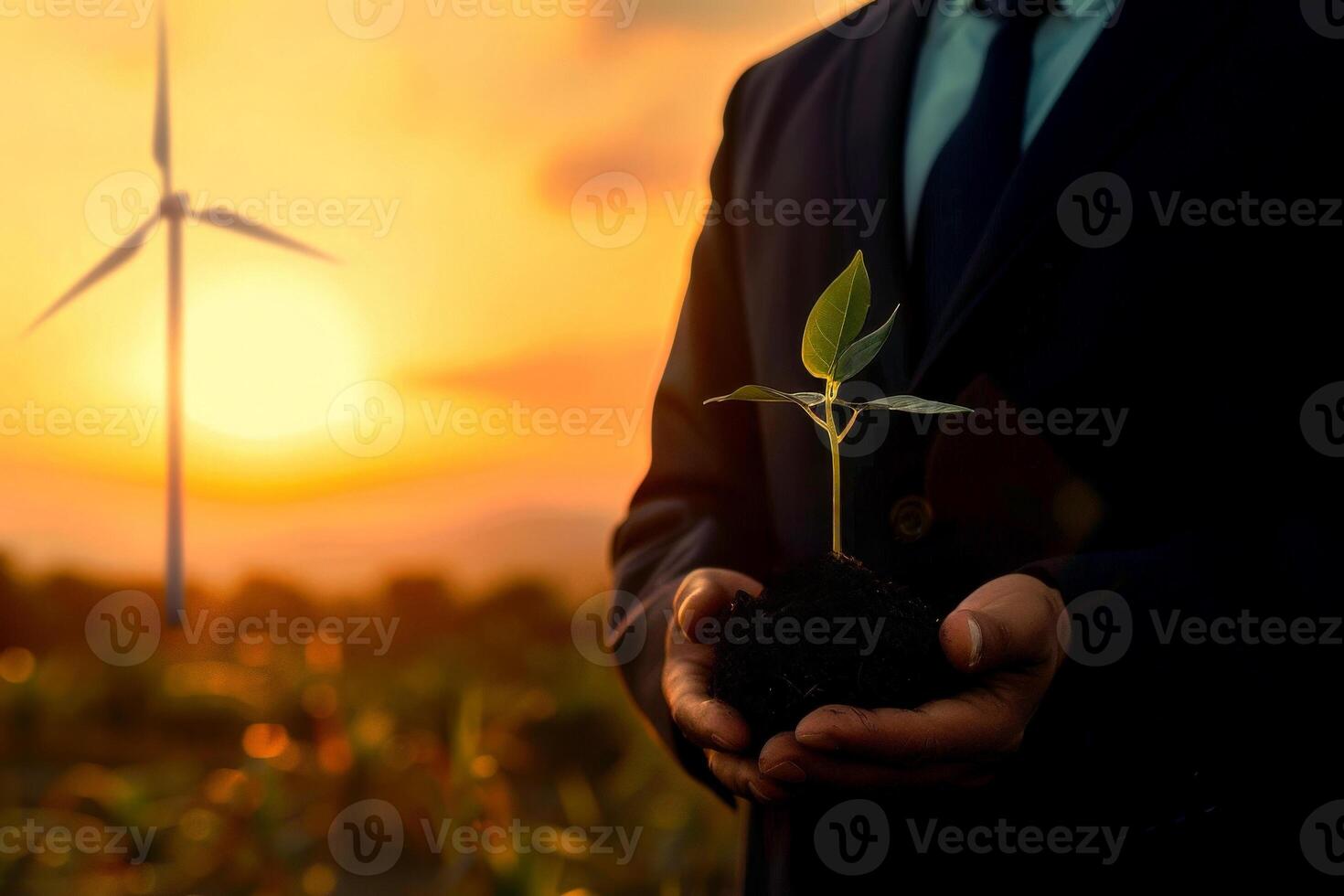 Business man using the tree plant to support environmental and sustainable development. ecological concept. photo