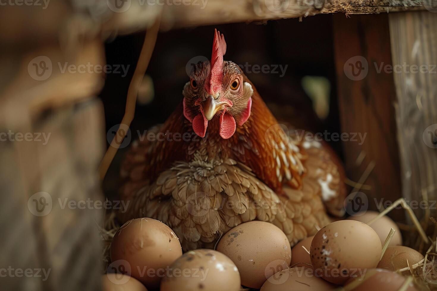 A hen lays eggs in a chicken coop with a blurry backdrop and big space for text or product advertisement background, . photo