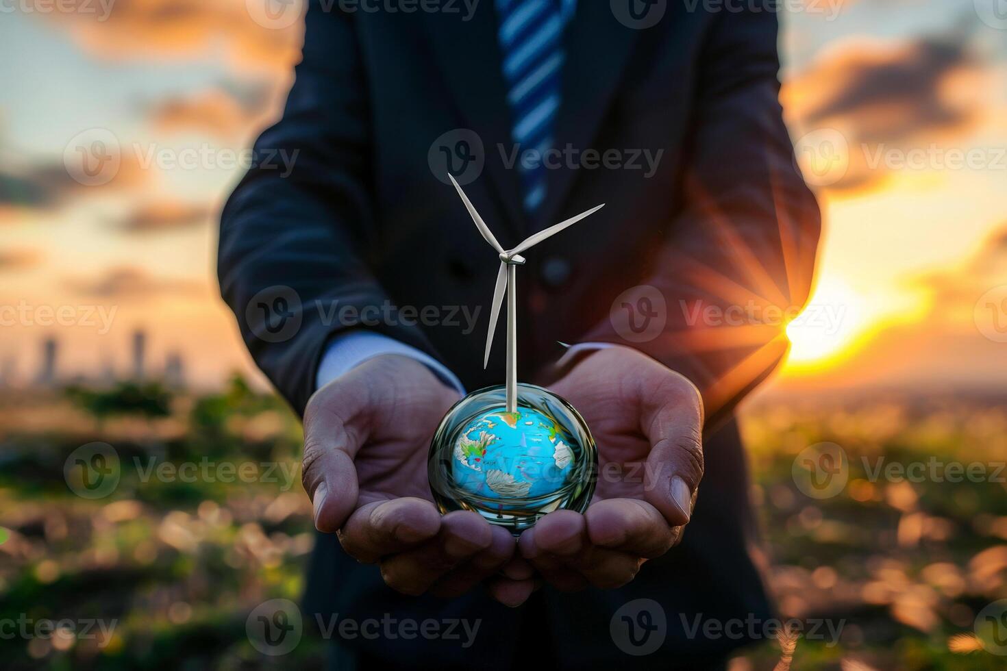Business man using the tree plant to support environmental and sustainable development. ecological concept. photo