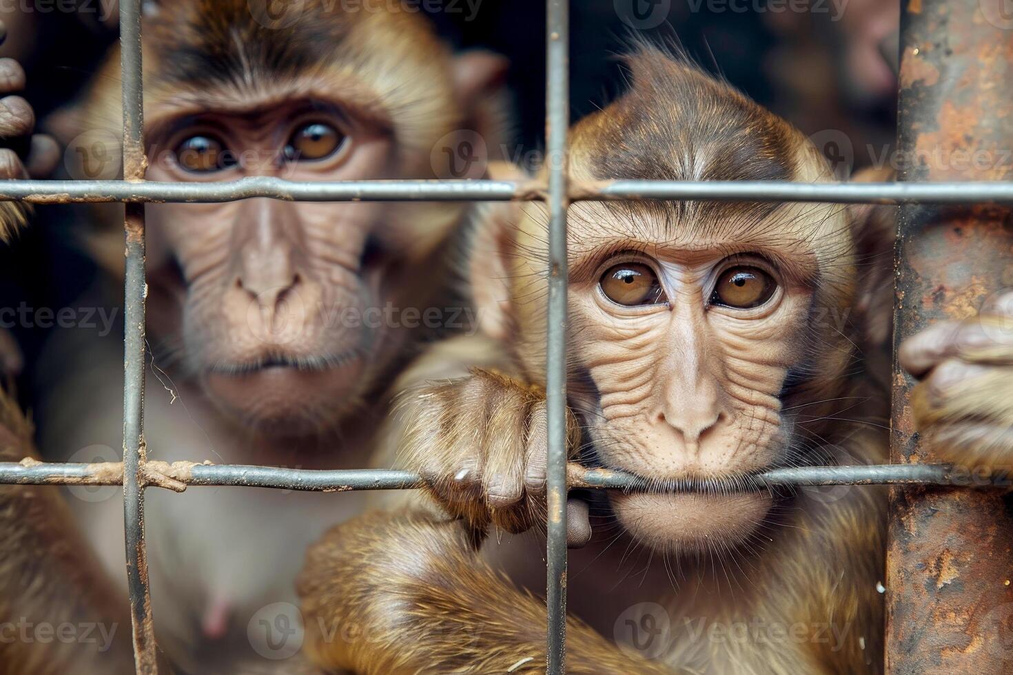 close up monkey caught in cages. . photo