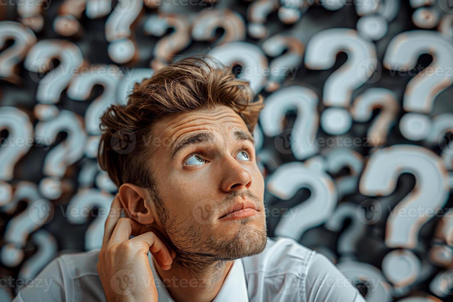 a man with perplexed facial expression and some question marks above his head. photo