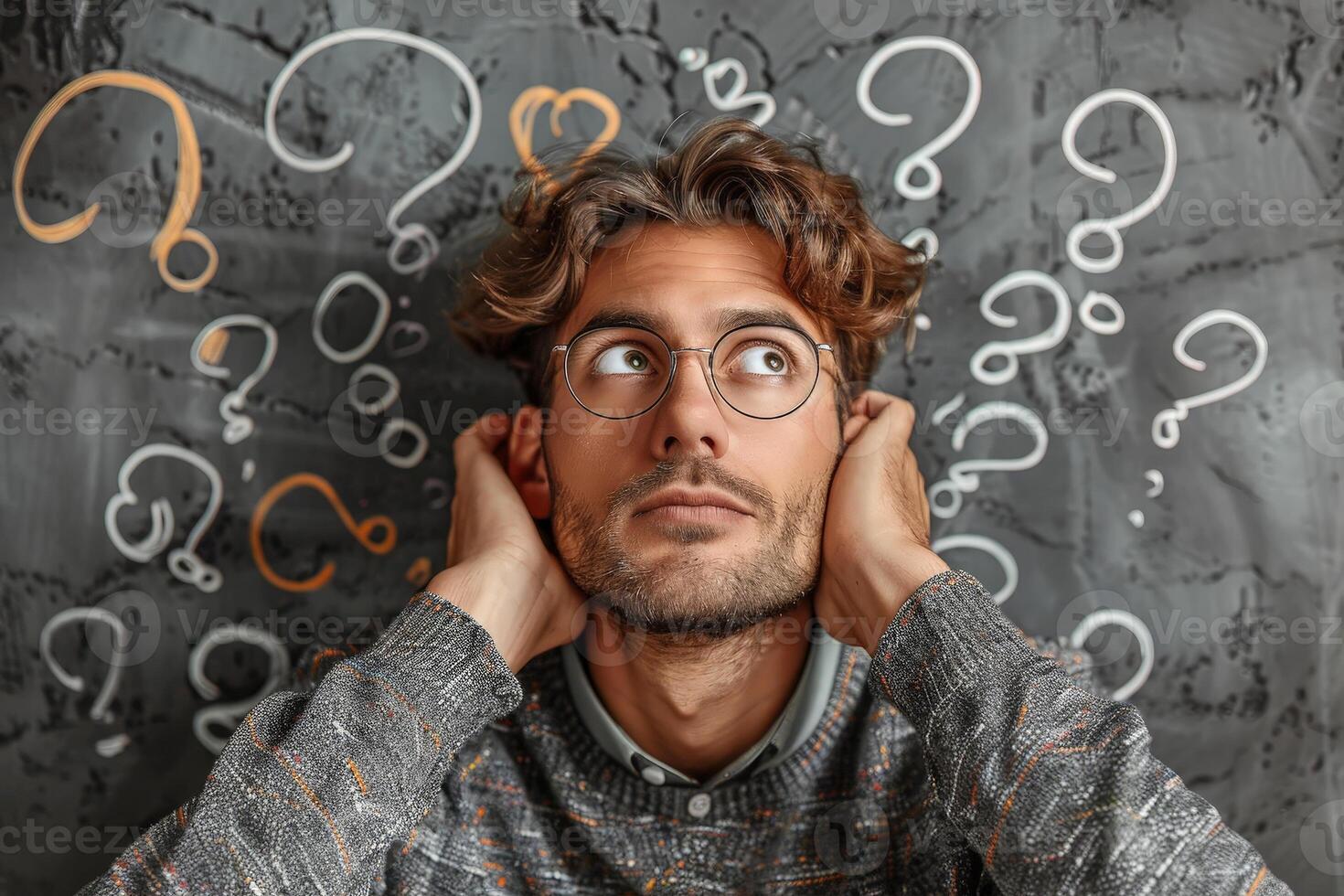 a man with perplexed facial expression and some question marks above his head. photo