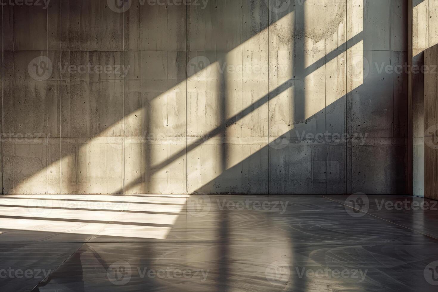 Empty loft room interior design with walls, floor, window and sunlight. photo