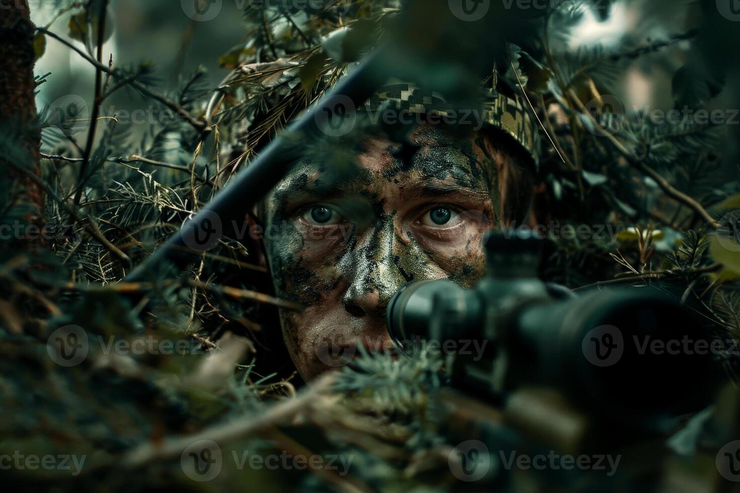 Camouflaged Sniper Taking a Shot in a Forest Tactical Precision in Wilderness Warfare. photo