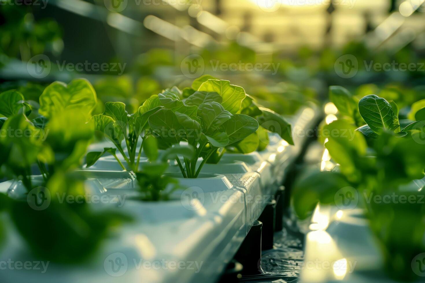 Healthy hydroponic vegetables growing in plastic pipes filled with fertile water on Smart farm with a modern agricultural hydroponic system. The latest smart farming concept. photo