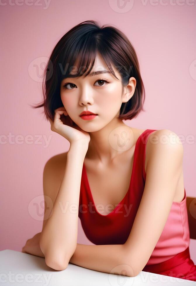 Elegant young asian woman with short hair in red dress with perfect skin and korean makeup on isolated pink background. plastic surgery, cosmetology, skincare photo