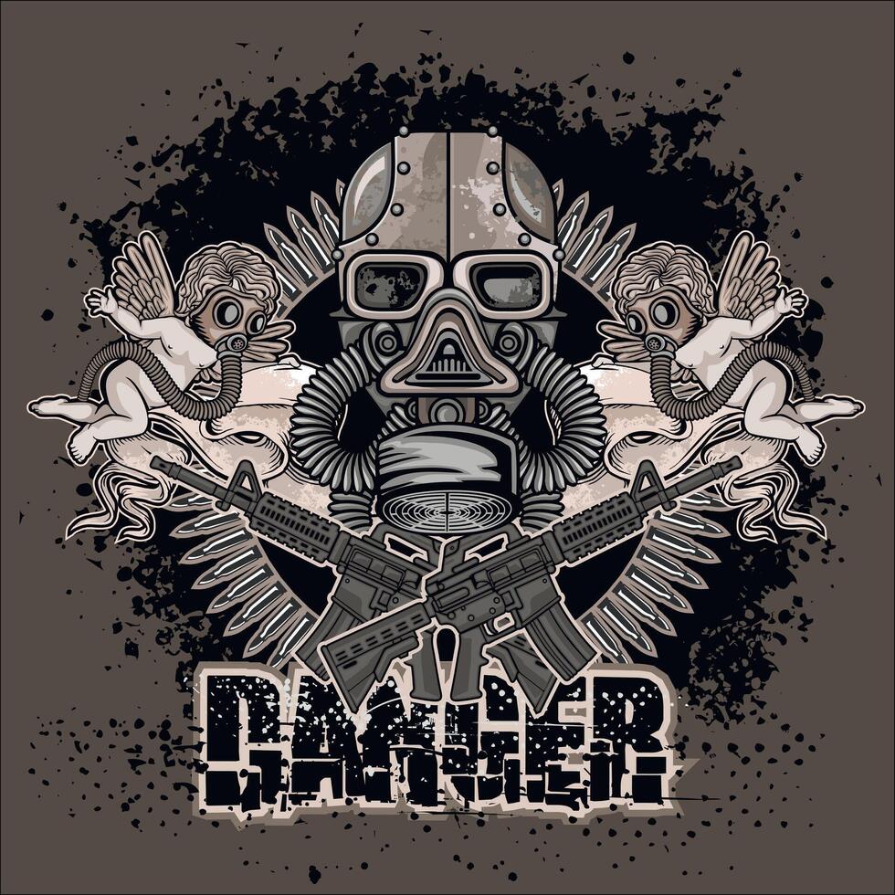 post-apocalypse sign with skull and gas mask, grunge vintage design t shirts vector