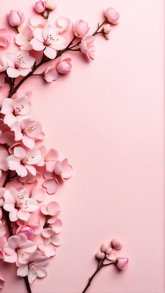 flat lay photo of sakura flowers cherry blossoms on bottom left and bottom right of a flat soft pink background with copy space in the middle
