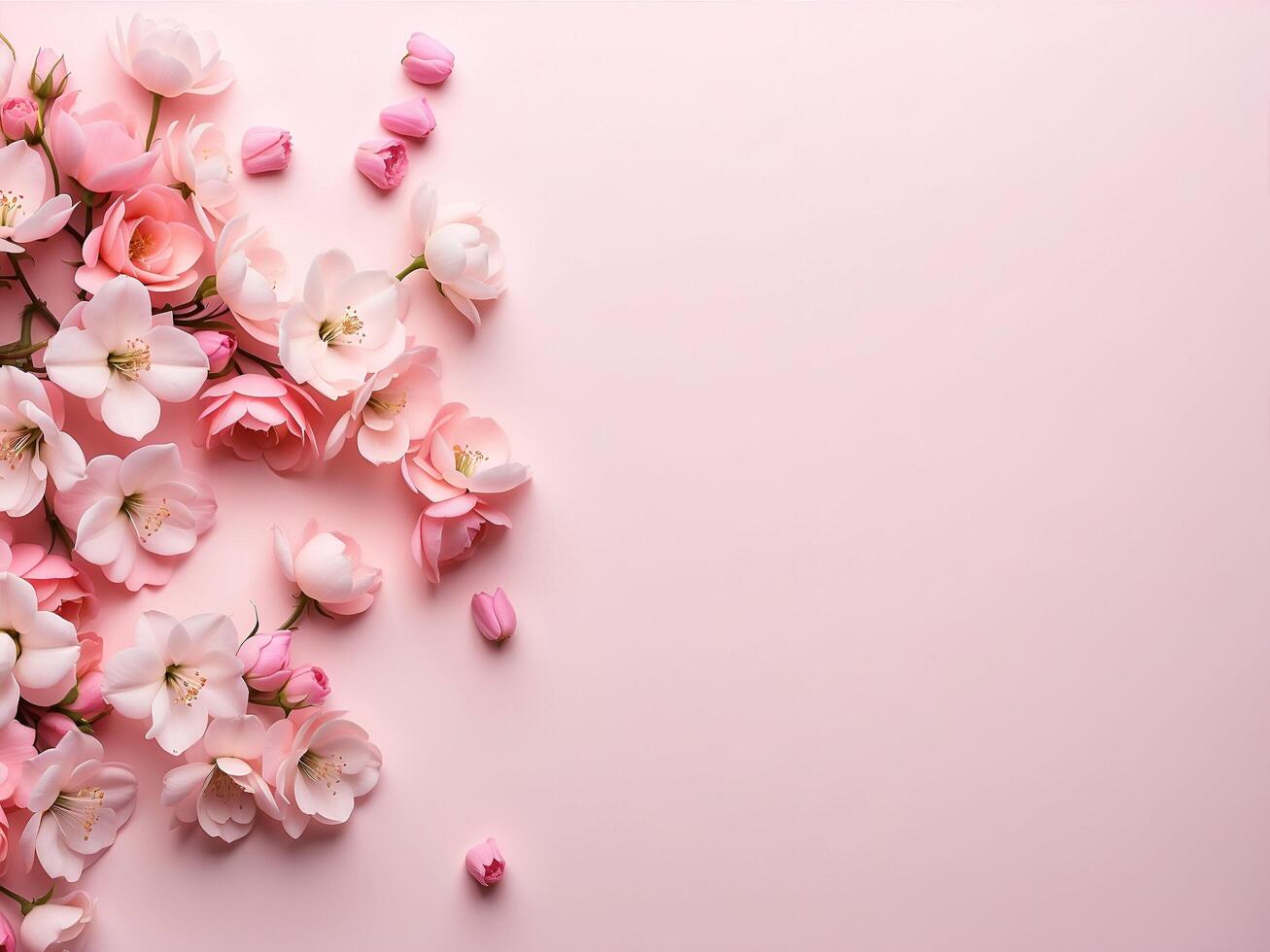 flat lay photo of sakura flowers cherry blossoms on bottom left and bottom right of a flat soft pink background with copy space in the middle