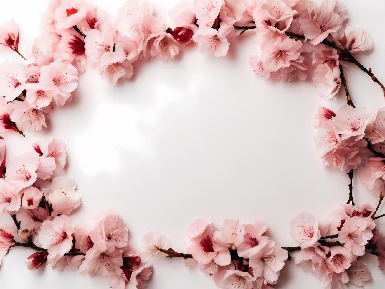 flat lay photo of sakura flowers cherry blossoms on bottom left and bottom right of a flat soft pink background with copy space in the middle