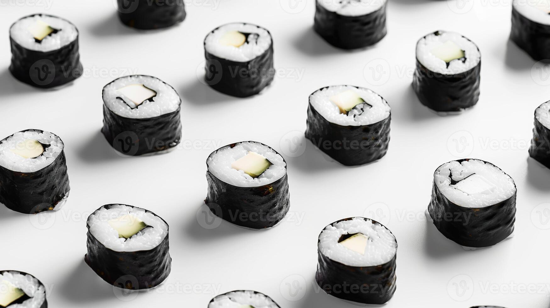 Minimalist arrangement of spinning sushi rolls in a minimalist pattern photo