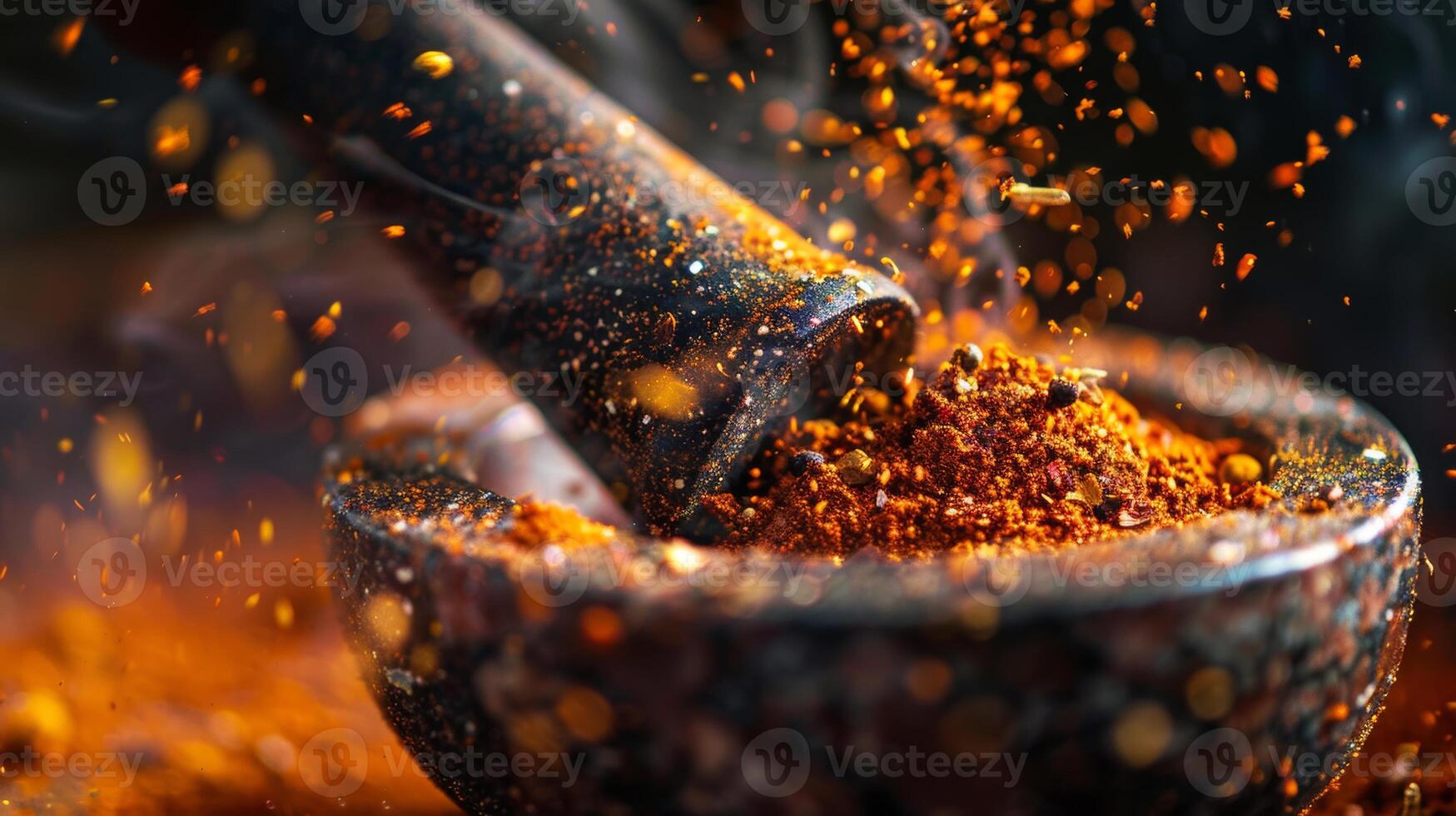 Darkened shape of spices swirling in a mortar and pestle photo