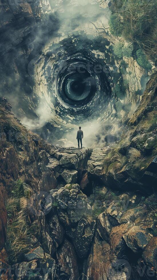 A man stands in front of a large, dark hole in the ground. The sky is cloudy and the man is looking into the hole. Scene is mysterious and ominous photo
