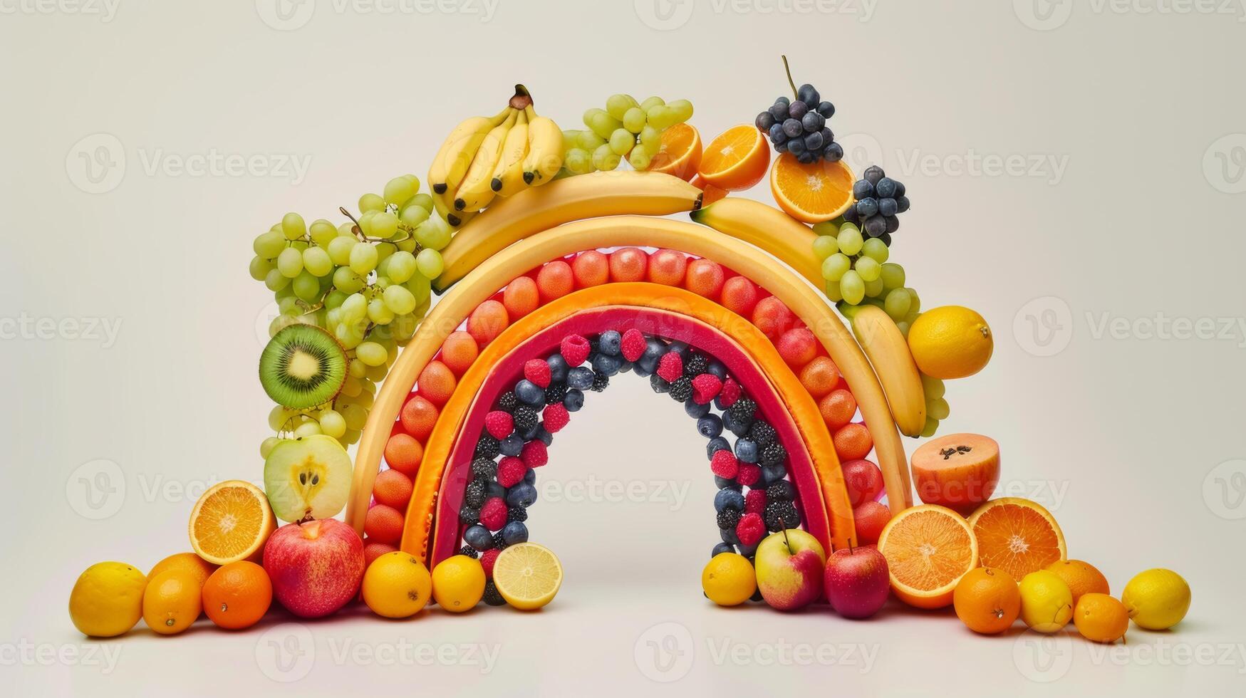 Conceptual image of spinning fruits forming a rainbow, representing diversity and abundance photo