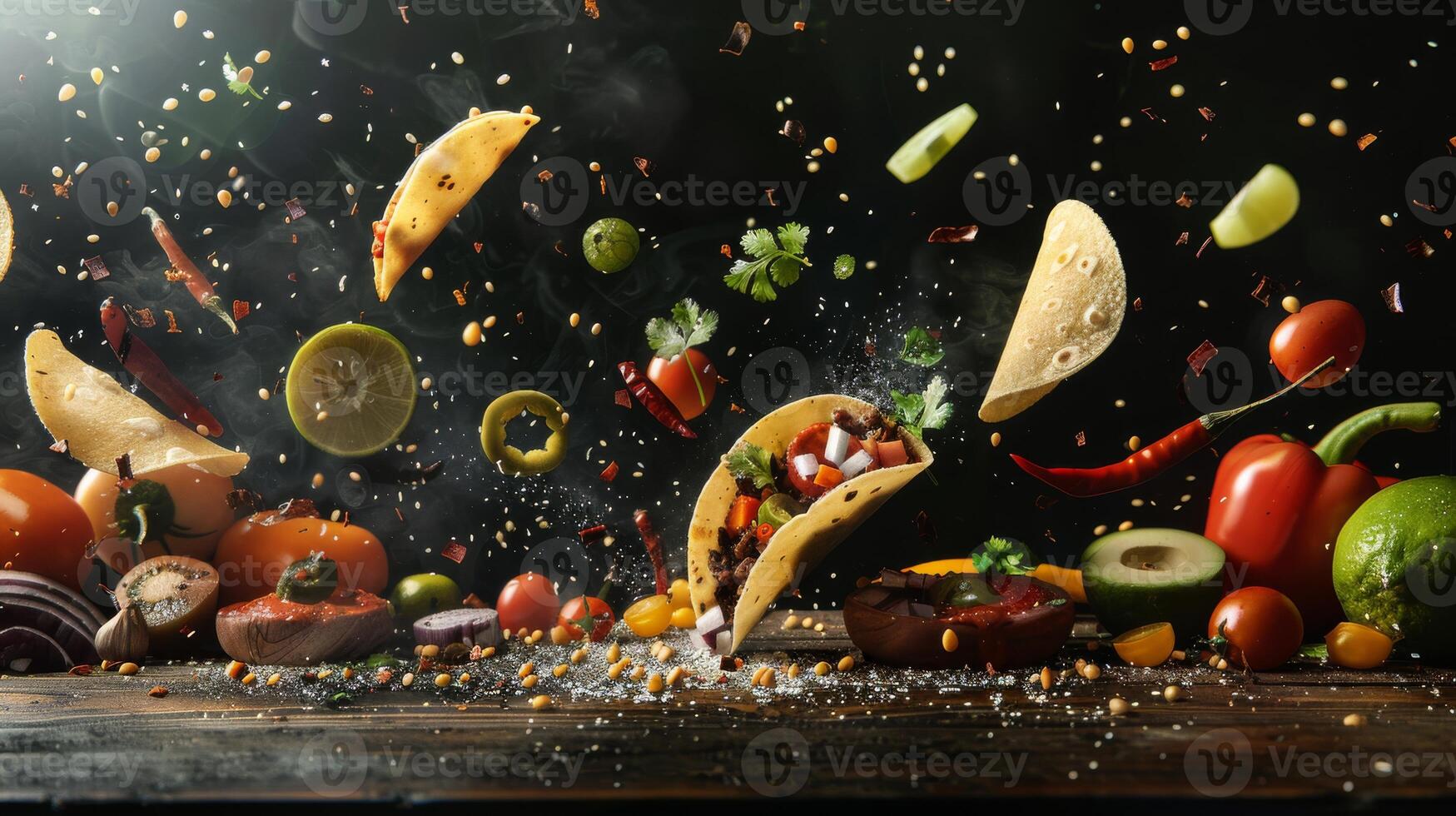 Dynamic copy space featuring levitating taco ingredients and space for Mexican restaurant branding photo