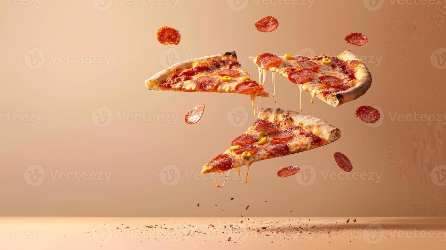 Dynamic copy space with levitating pizza slices for advertising photo