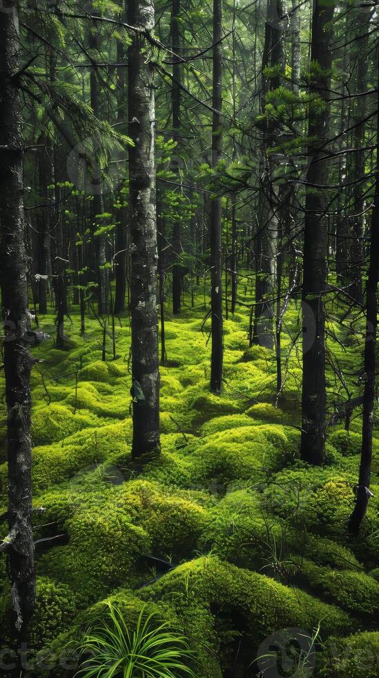 Lush spruce forests carpeted in emerald moss photo