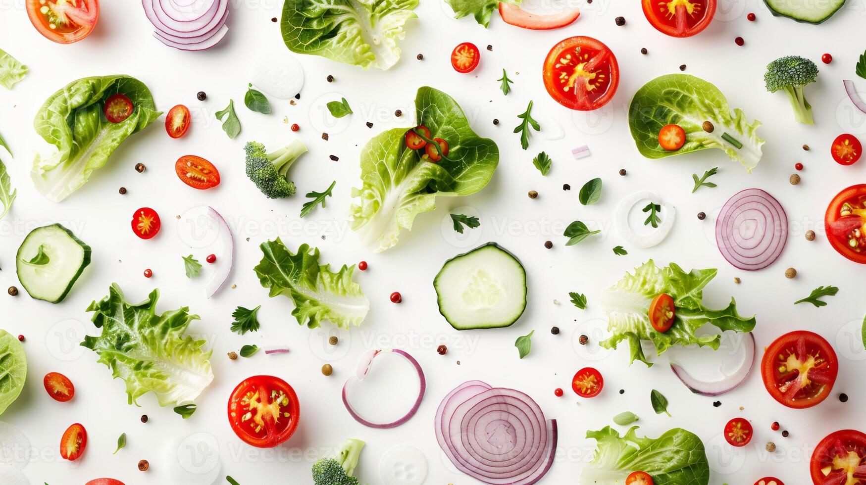 Modern arrangement of spinning salad ingredients in a modern pattern photo