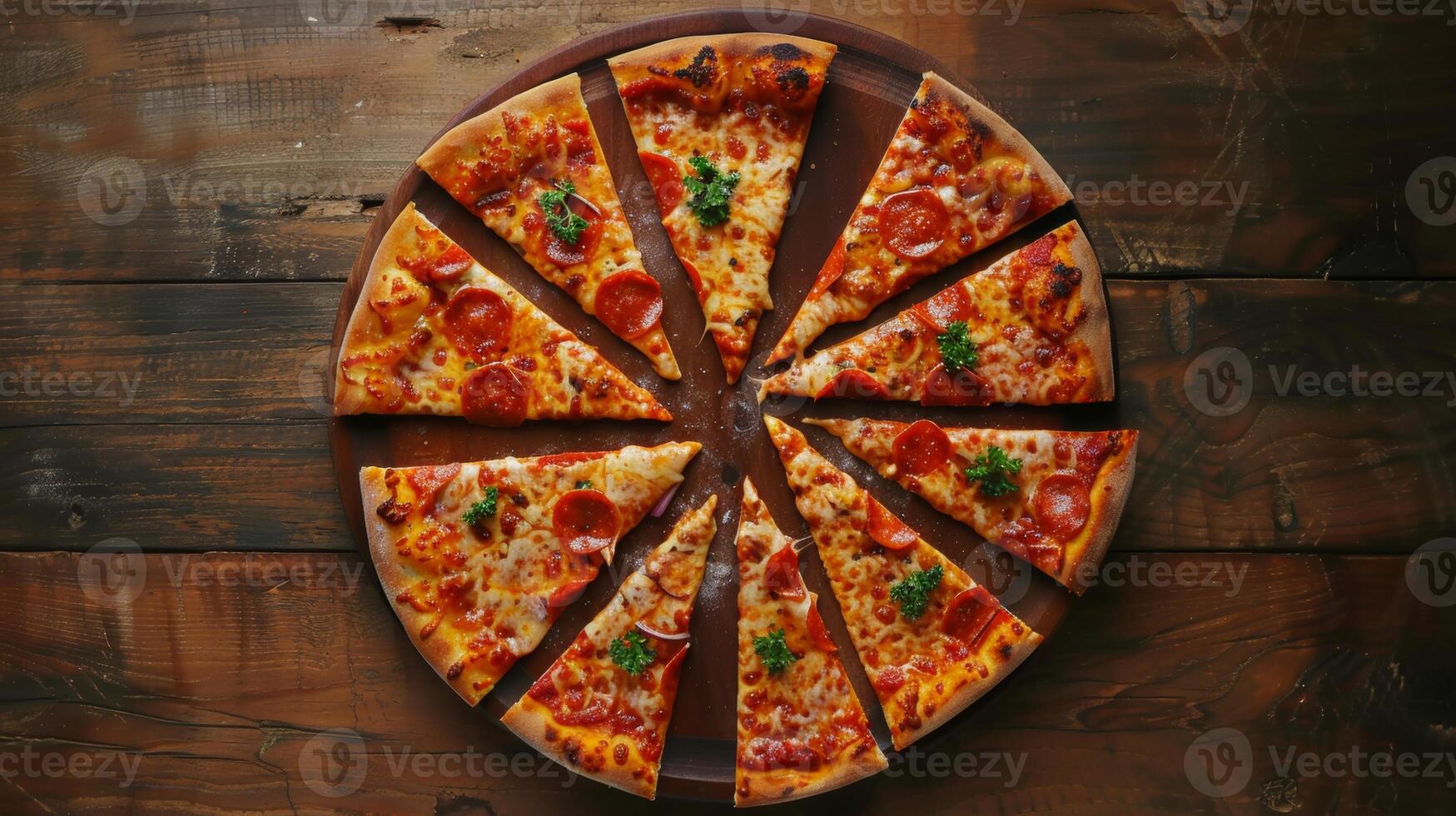 Conceptual depiction of spinning pizza slices forming a clock, symbolizing mealtime photo