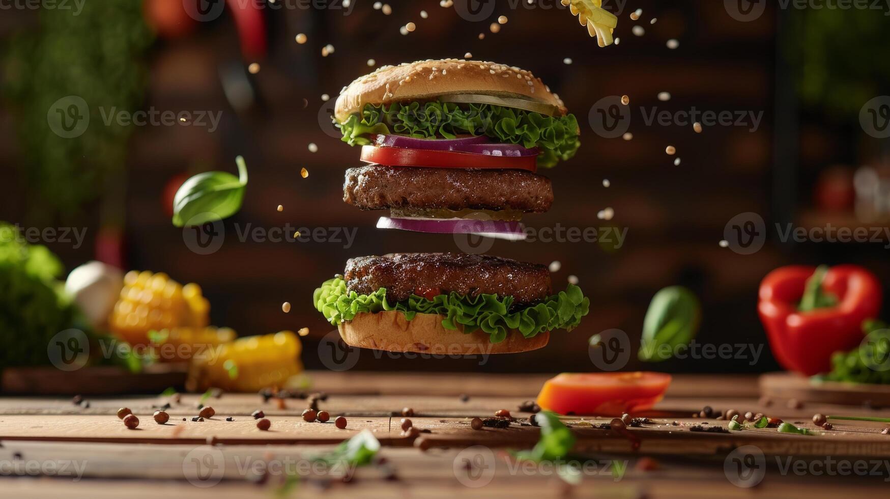 Levitating burger ingredients creating a mouthwatering display photo