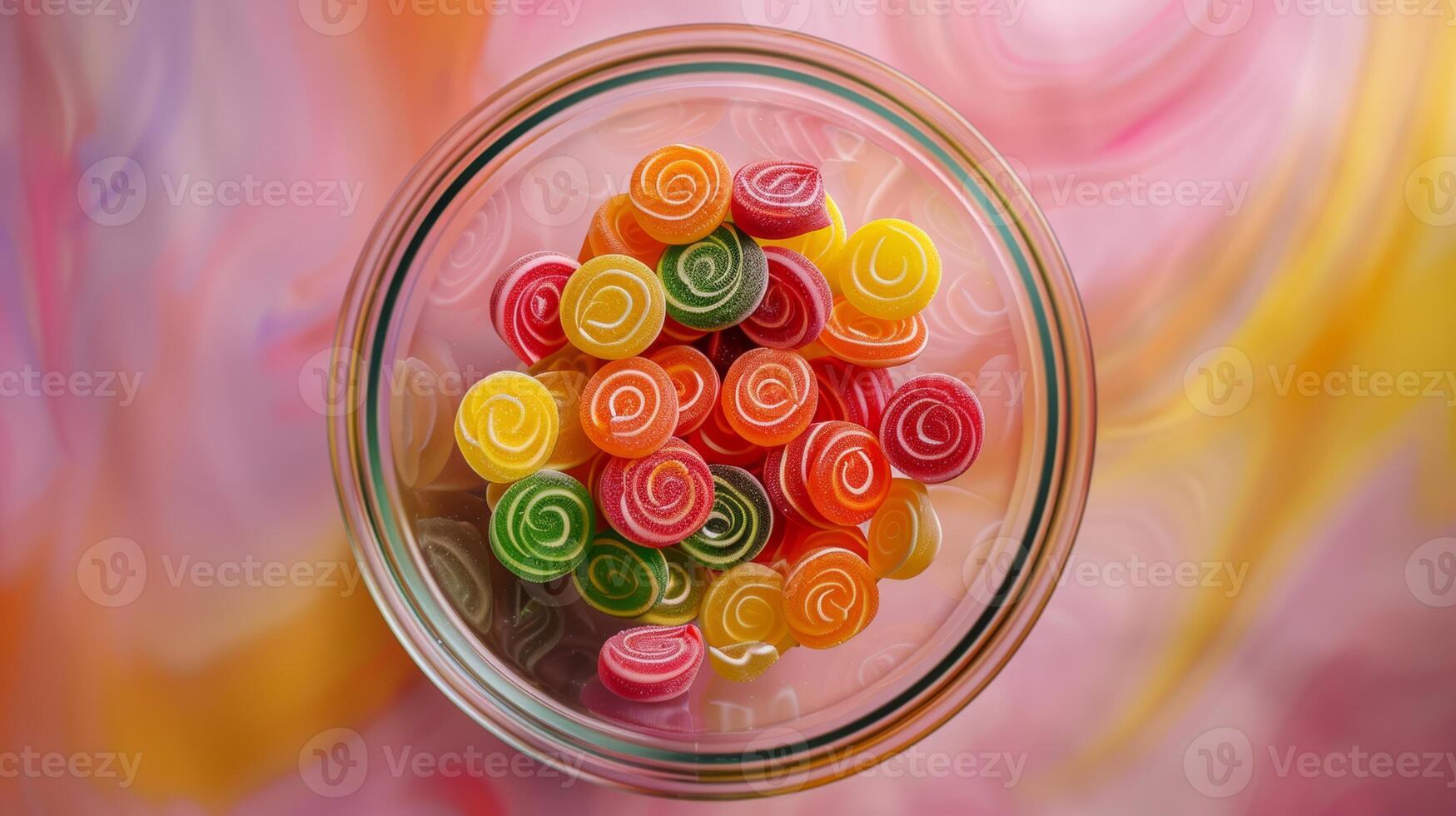 Overhead shot of a spinning bowl of colorful candy photo
