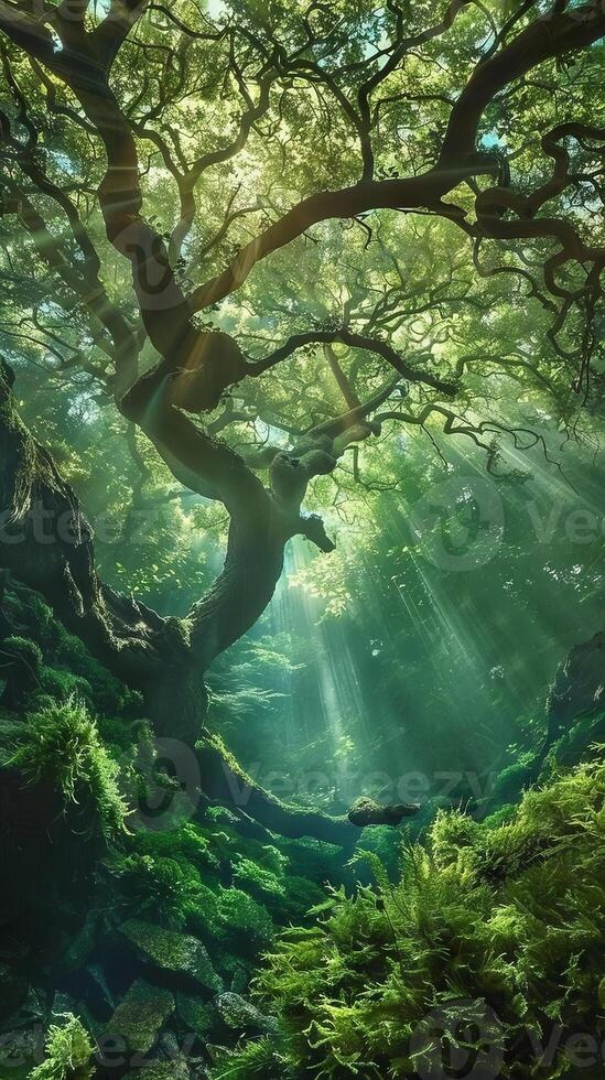 A tree is in the foreground of a forest, with sunlight shining through the leaves. Scene is peaceful and serene, as the tree stands tall and strong in the midst of the greenery photo