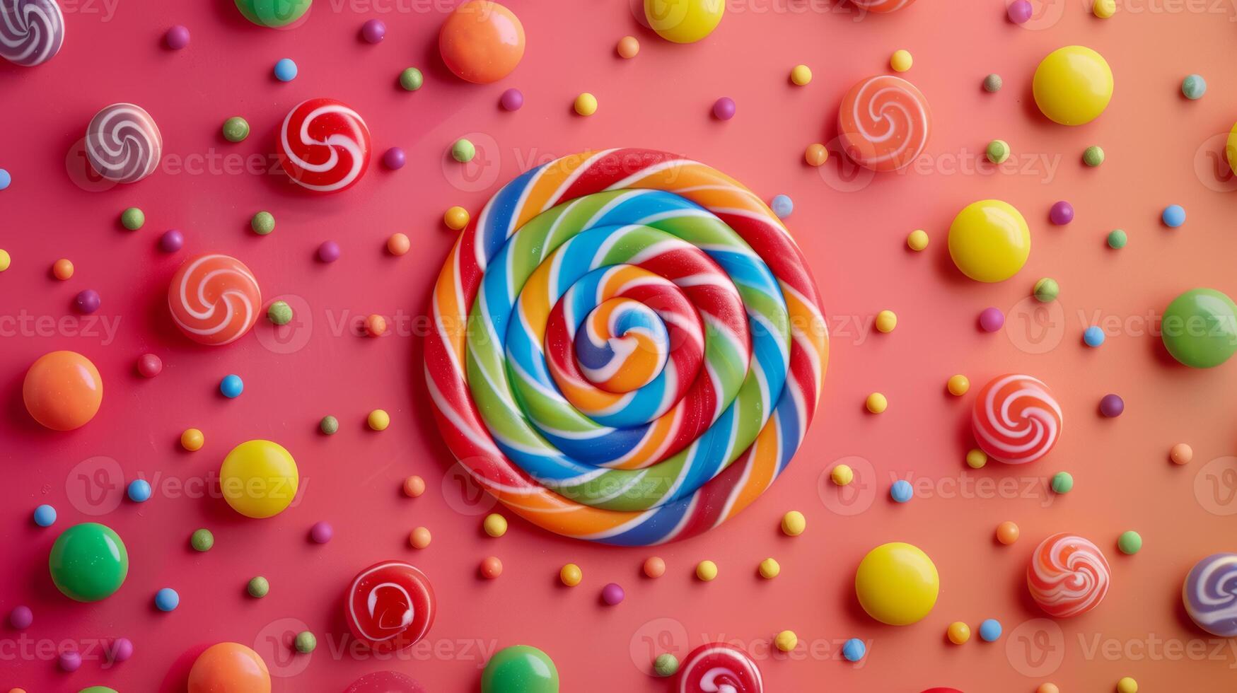 Geometric layout of spinning candies forming a colorful pattern photo